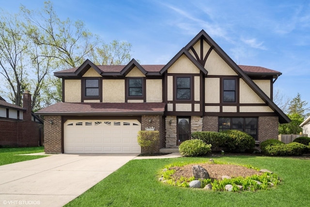 3935 Russett Ln, Northbrook, IL 60062 - english style home featuring a garage, brick siding, a front lawn, concrete driveway, and stucco siding