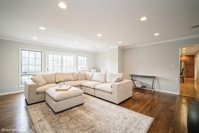 3935 Russett Ln, Northbrook, IL 60062 - living area with baseboards, ornamental molding, recessed lighting, and hardwood / wood-style floors