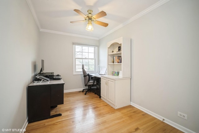 3935 Russett Ln, Northbrook, IL 60062 - home office with crown molding, a ceiling fan, baseboards, and light wood-style flooring