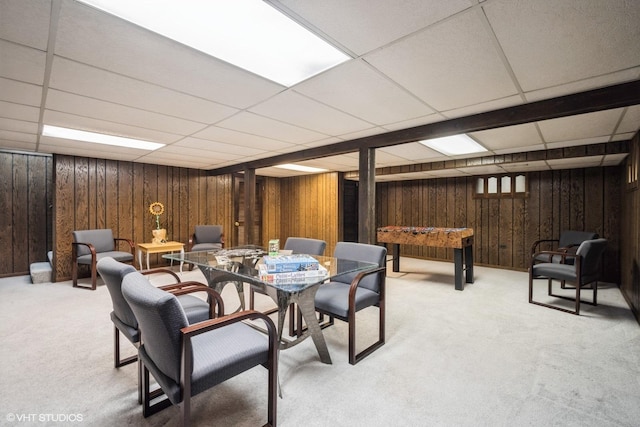 3935 Russett Ln, Northbrook, IL 60062 - carpeted dining space featuring wood walls and a paneled ceiling