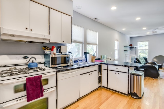 1538 W Fry St, Chicago, IL 60642 - kitchen with white appliances, open floor plan, light wood-type flooring, under cabinet range hood, and a sink