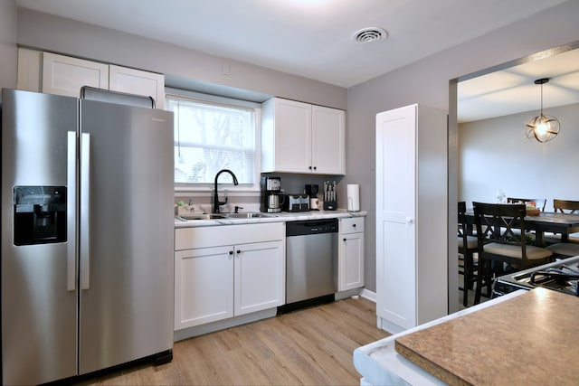 kitchen featuring white cabinets, a sink, stainless steel appliances, light wood-type flooring, and visible vents