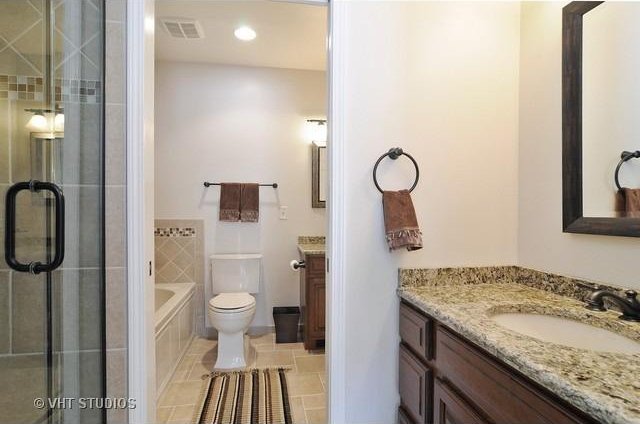 24270 N Forest Dr, Lake Zurich, IL 60047 - bathroom featuring a shower stall, vanity, toilet, a bathtub, and recessed lighting