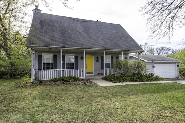 cape cod house with a shingled roof, covered porch, a chimney, and a front yard