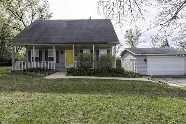 view of front of property featuring covered porch, a shingled roof, a chimney, and a front yard