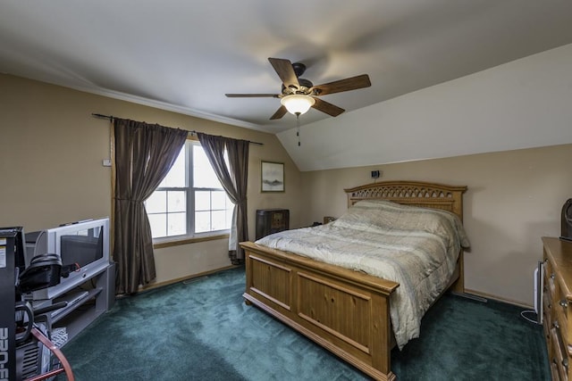 bedroom featuring a ceiling fan, baseboards, vaulted ceiling, and dark colored carpet