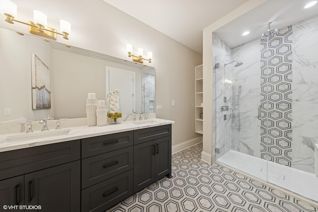 514 Hillgrove Ave Unit 303, Western Springs, IL 60558 - bathroom featuring a marble finish shower, double vanity, baseboards, and recessed lighting
