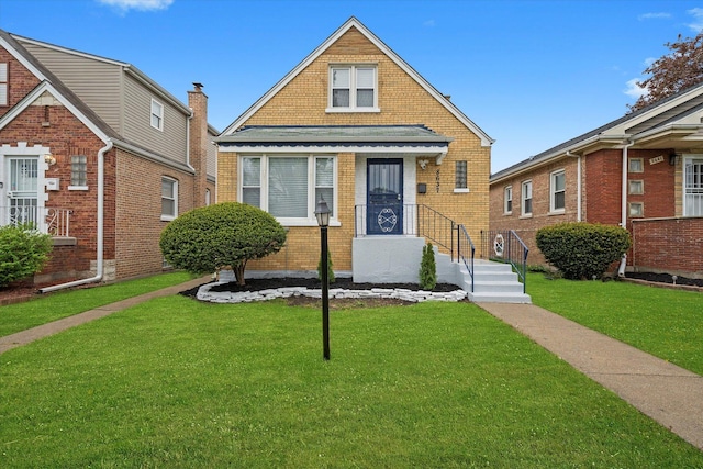 bungalow-style home featuring a front yard and brick siding