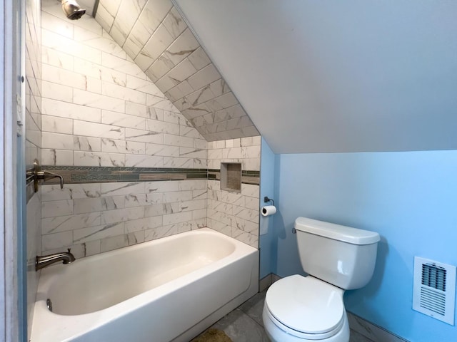 full bath with vaulted ceiling, toilet, and visible vents