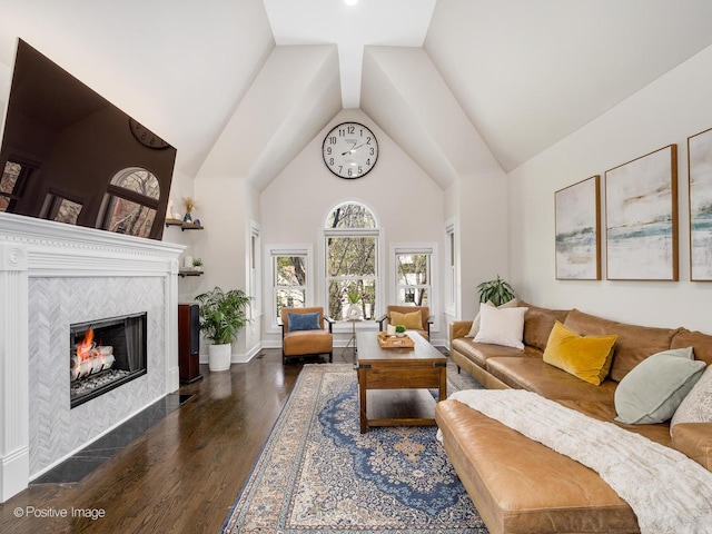 2119 W Evergreen Ave Unit 3W, Chicago, IL 60622 - living area featuring wood finished floors, high vaulted ceiling, and a tiled fireplace