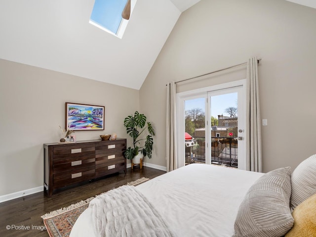 2119 W Evergreen Ave Unit 3W, Chicago, IL 60622 - bedroom featuring access to exterior, wood finished floors, high vaulted ceiling, baseboards, and a skylight