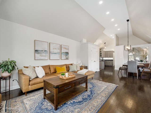 2119 W Evergreen Ave Unit 3W, Chicago, IL 60622 - living room featuring lofted ceiling, a chandelier, dark wood-type flooring, baseboards, and recessed lighting