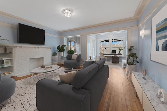 living room with radiator heating unit, ornamental molding, wood finished floors, and a fireplace