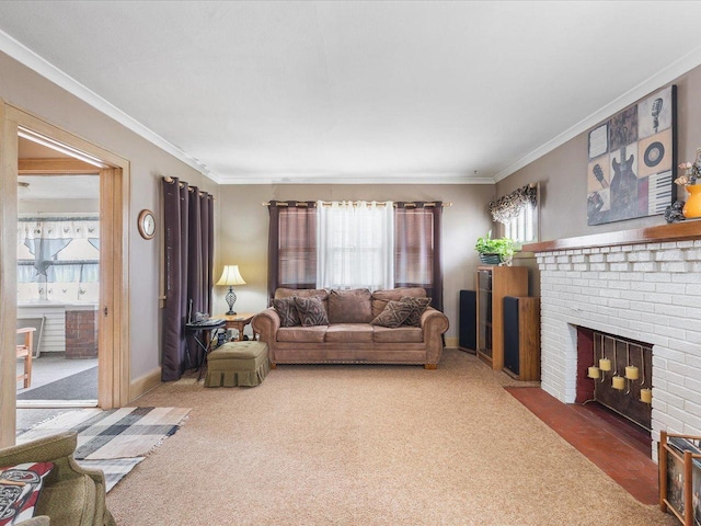 carpeted living area featuring crown molding, a healthy amount of sunlight, and a fireplace