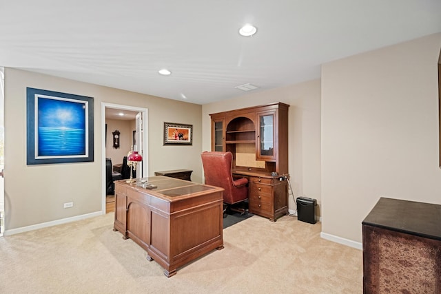office with recessed lighting, baseboards, and light colored carpet
