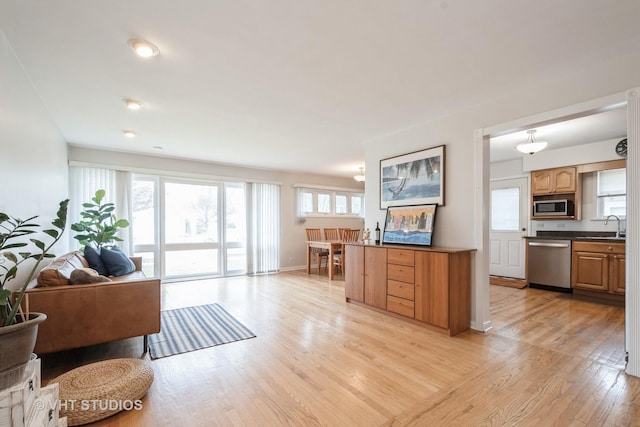 living room with baseboards and light wood-type flooring