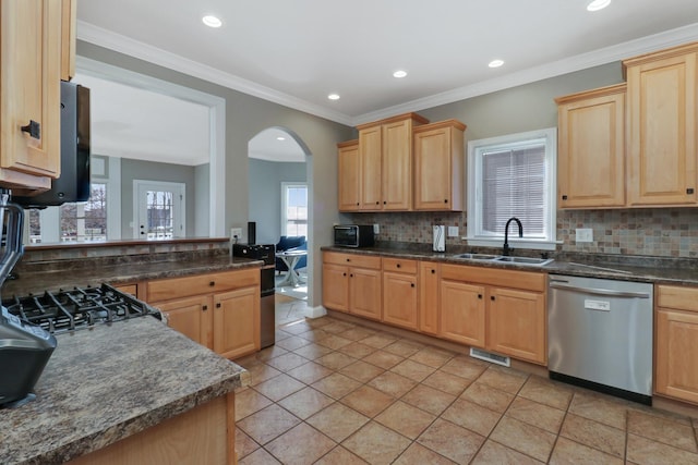 1309 Broad Creek Rd, Bloomington, IL 61704 - kitchen featuring decorative backsplash, light brown cabinetry, dishwasher, a sink, and recessed lighting