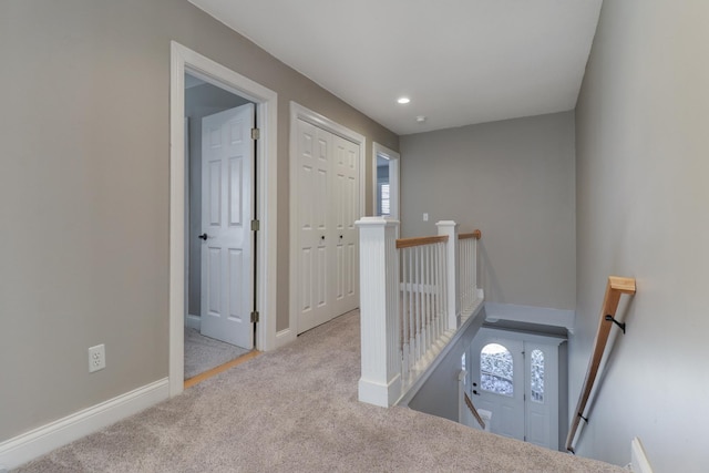 1309 Broad Creek Rd, Bloomington, IL 61704 - hall with carpet floors, baseboards, recessed lighting, and an upstairs landing