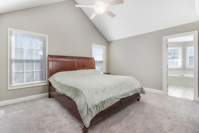 1309 Broad Creek Rd, Bloomington, IL 61704 - bedroom featuring carpet flooring, connected bathroom, ceiling fan, baseboards, and vaulted ceiling