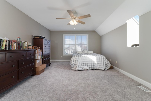 1309 Broad Creek Rd, Bloomington, IL 61704 - bedroom with light colored carpet, a ceiling fan, baseboards, lofted ceiling, and visible vents