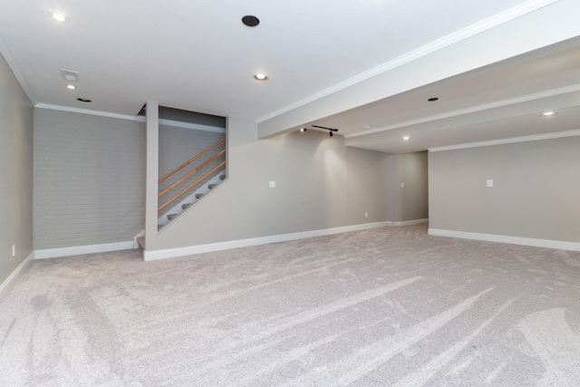 1309 Broad Creek Rd, Bloomington, IL 61704 - finished basement featuring crown molding, carpet flooring, baseboards, and stairway