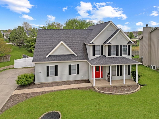 1309 Broad Creek Rd, Bloomington, IL 61704 - view of front of home featuring a front lawn, central AC, fence, a shingled roof, and a porch