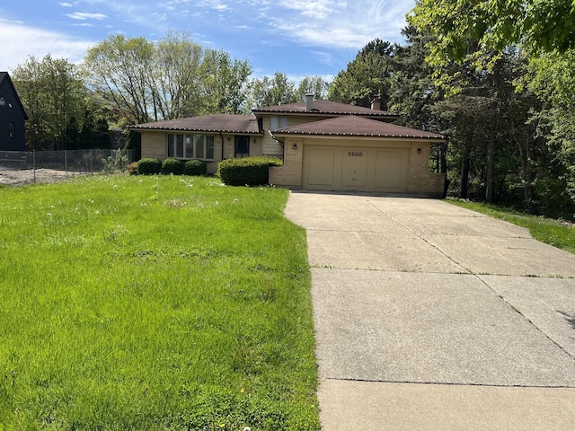 view of front of property with a chimney, a tiled roof, brick siding, concrete driveway, and a garage