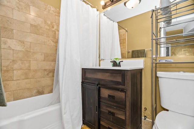 full bathroom with toilet, shower / bath combination with curtain, and vanity