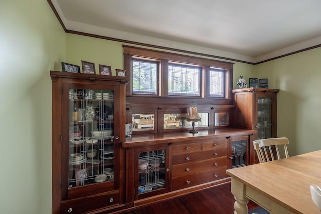 130 N Elm St, Leland, IL 60531 - bar with dark wood-style flooring and ornamental molding