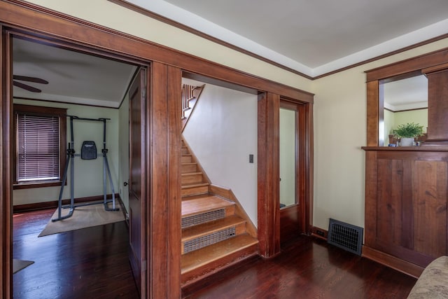 130 N Elm St, Leland, IL 60531 - stairway featuring visible vents, ornamental molding, baseboards, and wood finished floors