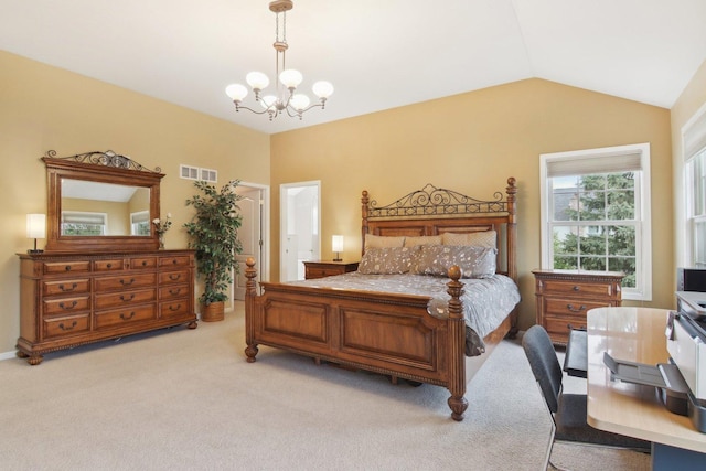 7770 Farrell Dr, Lakewood, IL 60014 - bedroom with a chandelier, light carpet, and vaulted ceiling