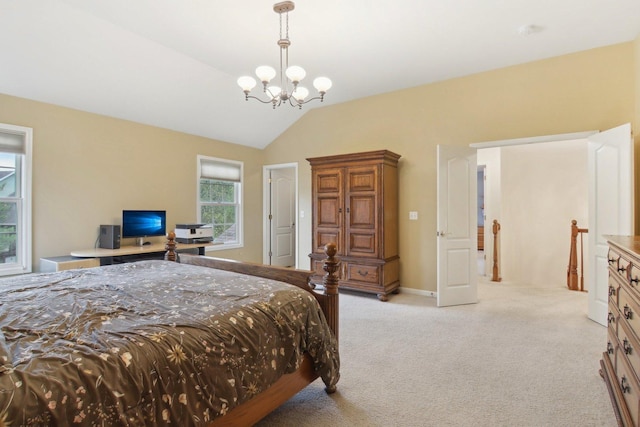 7770 Farrell Dr, Lakewood, IL 60014 - bedroom with a chandelier, light colored carpet, and vaulted ceiling