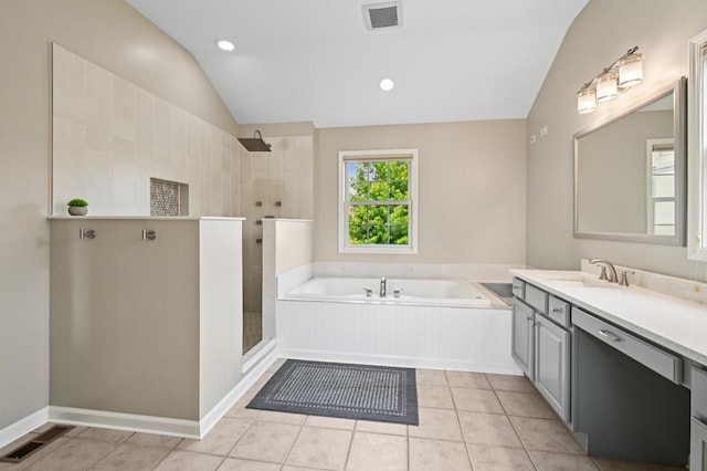7770 Farrell Dr, Lakewood, IL 60014 - full bathroom featuring vanity, lofted ceiling, tiled shower, a bath, and tile patterned flooring