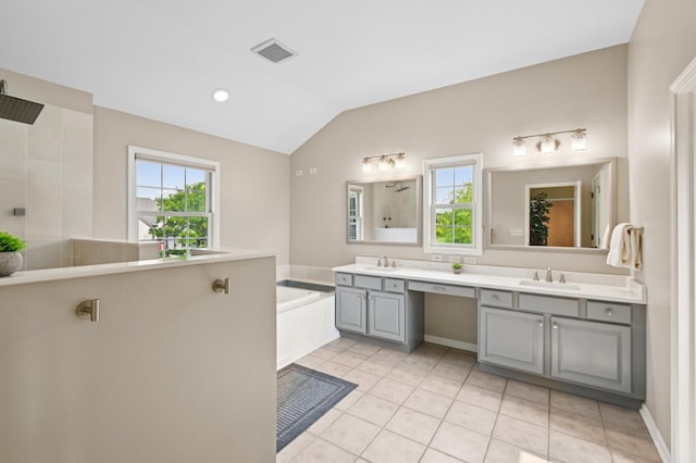 7770 Farrell Dr, Lakewood, IL 60014 - bathroom with double vanity, lofted ceiling, tile patterned floors, a tile shower, and a bath