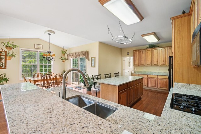 7770 Farrell Dr, Lakewood, IL 60014 - kitchen featuring dark wood-style floors, black appliances, a chandelier, healthy amount of natural light, and vaulted ceiling