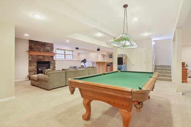 7770 Farrell Dr, Lakewood, IL 60014 - playroom featuring recessed lighting, light colored carpet, billiards, and a fireplace