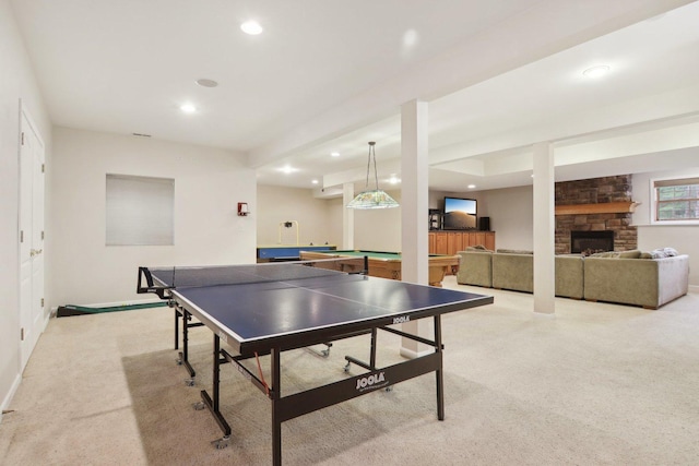 7770 Farrell Dr, Lakewood, IL 60014 - game room with light carpet, recessed lighting, a fireplace, and billiards table