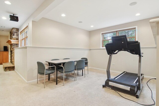 7770 Farrell Dr, Lakewood, IL 60014 - workout room featuring carpet, recessed lighting, and a fireplace