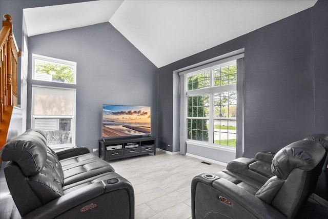 968 N Lancaster Cir S, Elgin, IL 60177 - living room with baseboards, visible vents, and high vaulted ceiling