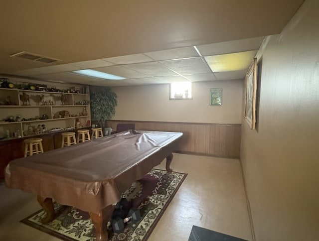 game room featuring pool table, visible vents, a drop ceiling, and a wainscoted wall