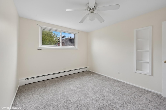 empty room with baseboards, a ceiling fan, a baseboard heating unit, and carpet floors