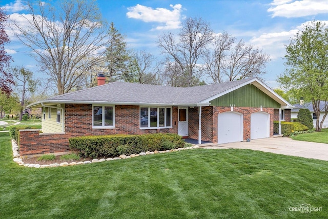 single story home with a chimney, driveway, a front lawn, and an attached garage
