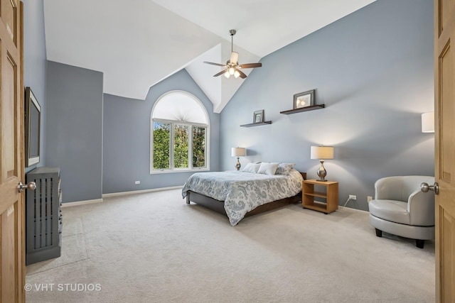 874 W Goodrich Pl, Palatine, IL 60067 - bedroom featuring carpet, baseboards, high vaulted ceiling, and a ceiling fan