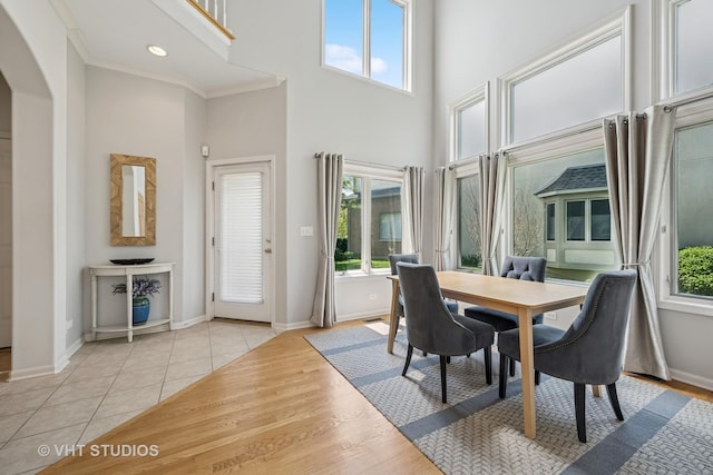 874 W Goodrich Pl, Palatine, IL 60067 - dining space featuring a high ceiling, baseboards, arched walkways, and light wood-style floors