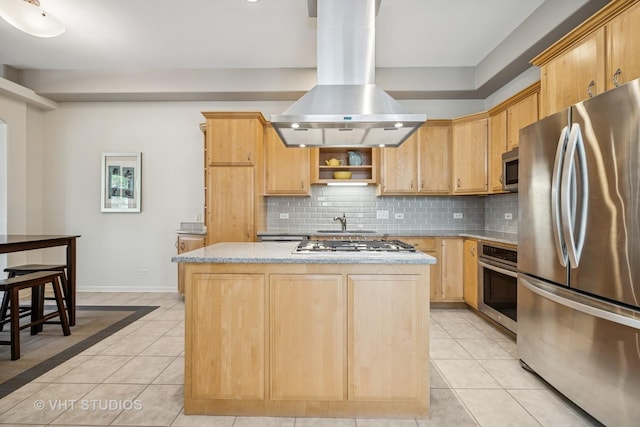 874 W Goodrich Pl, Palatine, IL 60067 - kitchen with stainless steel appliances, island exhaust hood, light tile patterned floors, tasteful backsplash, and a center island