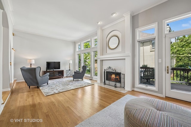 874 W Goodrich Pl, Palatine, IL 60067 - living room with a fireplace with flush hearth, ornamental molding, wood finished floors, baseboards, and recessed lighting