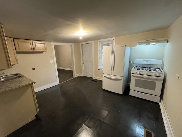 kitchen with a sink, white appliances, baseboards, under cabinet range hood, and visible vents