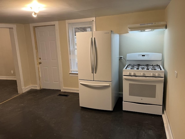 kitchen featuring baseboards, under cabinet range hood, white appliances, and concrete floors