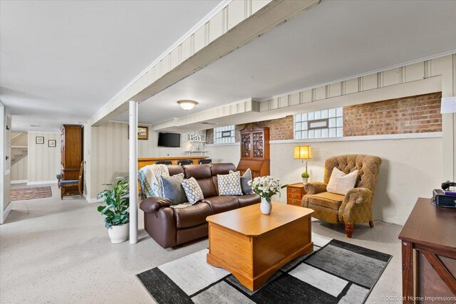 living area with light speckled floor