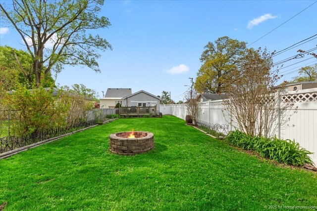 view of yard with a fenced backyard and an outdoor fire pit